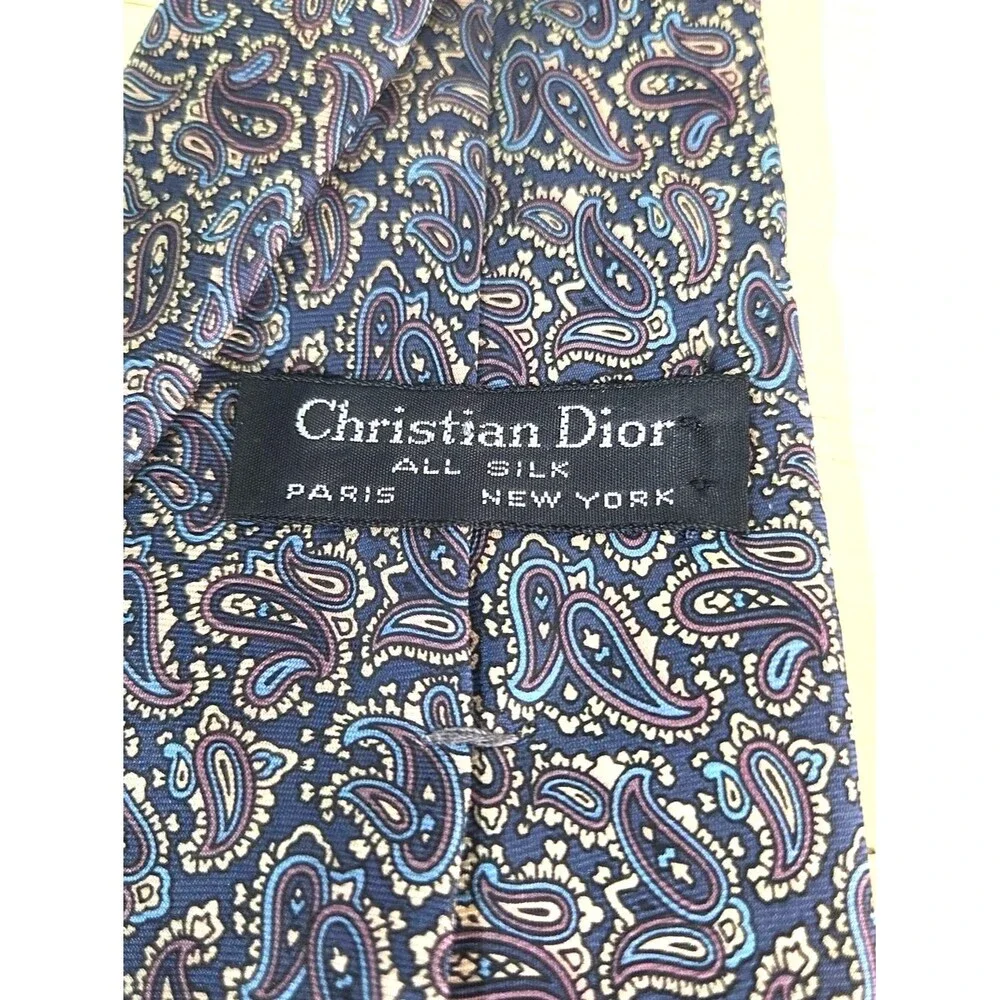 Christian Dior Silk Tie Blue Paisley Pattern Paris New York Designer Necktie